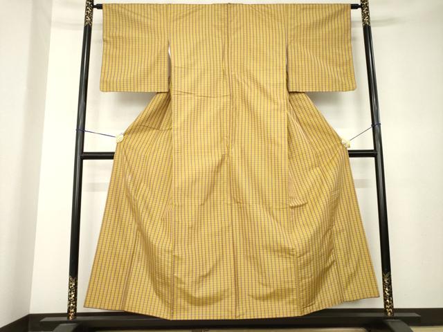 平和屋着物●黄八丈　紬　平織　格子　正絹　逸品　AABK7367ck
