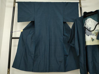 平和屋着物●男性　紬　アンサンブル　色無地　藍鉄色　正絹　逸品　AABK7370ck