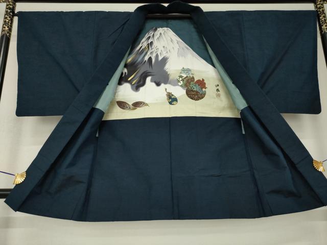 平和屋着物●男性　紬　アンサンブル　色無地　藍鉄色　正絹　逸品　AABK7370ck