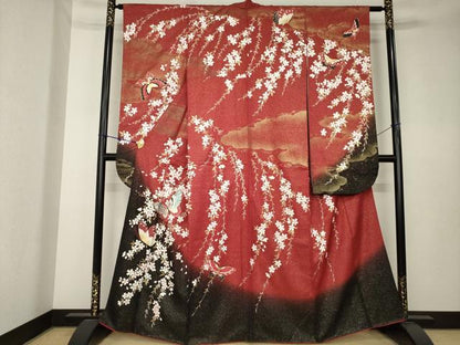 平和屋着物●森英恵・HANAE MORI　振袖　花蝶文　暈し染め　金彩　金通し地　正絹　逸品　AABK7374ck