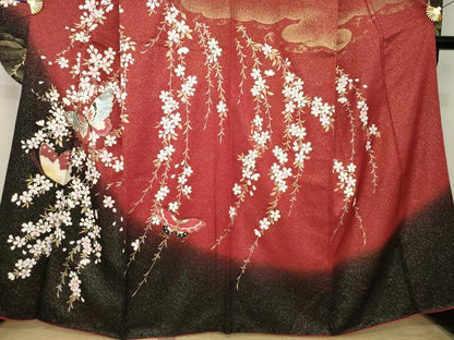 平和屋着物●森英恵・HANAE MORI　振袖　花蝶文　暈し染め　金彩　金通し地　正絹　逸品　AABK7374ck