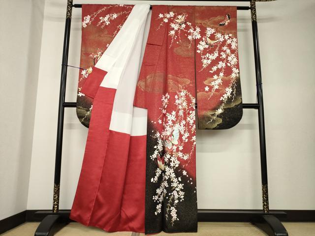 平和屋着物●森英恵・HANAE MORI　振袖　花蝶文　暈し染め　金彩　金通し地　正絹　逸品　AABK7374ck
