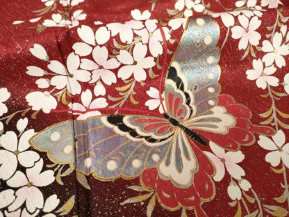 平和屋着物●森英恵・HANAE MORI　振袖　花蝶文　暈し染め　金彩　金通し地　正絹　逸品　AABK7374ck
