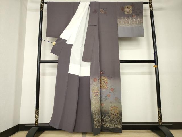 平和屋着物●訪問着　総刺繍　中国三大刺繍　スワトウ刺繍　汕頭刺繍　向い鳥飾花文　暈し染め　金糸　正絹　逸品　AABK7385ck