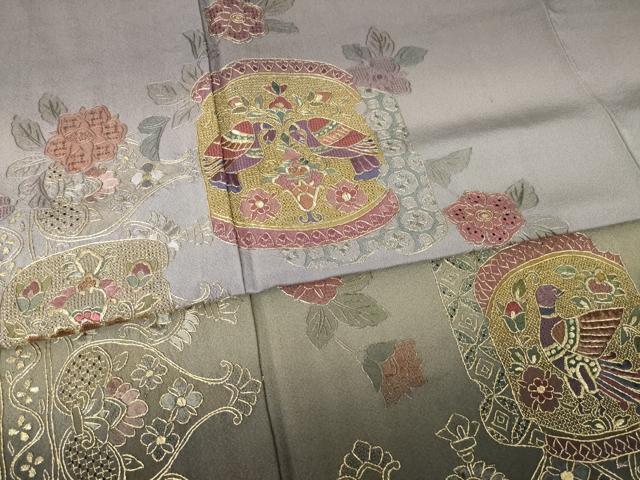 平和屋着物●訪問着　総刺繍　中国三大刺繍　スワトウ刺繍　汕頭刺繍　向い鳥飾花文　暈し染め　金糸　正絹　逸品　AABK7385ck