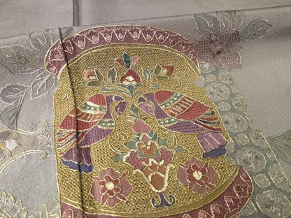 平和屋着物●訪問着　総刺繍　中国三大刺繍　スワトウ刺繍　汕頭刺繍　向い鳥飾花文　暈し染め　金糸　正絹　逸品　AABK7385ck