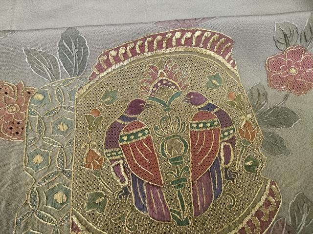 平和屋着物●訪問着　総刺繍　中国三大刺繍　スワトウ刺繍　汕頭刺繍　向い鳥飾花文　暈し染め　金糸　正絹　逸品　AABK7385ck