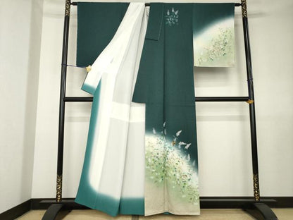 平和屋着物●和紙染染色作家・植村彩弘　訪問着　雀　草花　暈し染め　金彩　正絹　逸品　AABK7407ck
