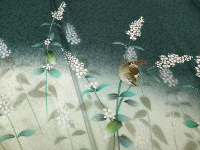 平和屋着物●和紙染染色作家・植村彩弘　訪問着　雀　草花　暈し染め　金彩　正絹　逸品　AABK7407ck