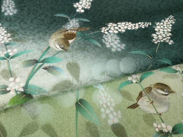 平和屋着物●和紙染染色作家・植村彩弘　訪問着　雀　草花　暈し染め　金彩　正絹　逸品　AABK7407ck