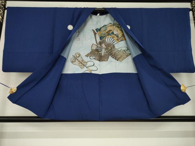平和屋着物●男性　色紋付・羽織セット　青褐色　正絹　逸品　AABK7415ck