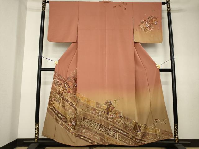 平和屋着物●訪問着　総刺繍　中国三大刺繍　スワトウ刺繍　汕頭刺繍　更紗花丸文　暈し染め　正絹　逸品　AABK7417ck
