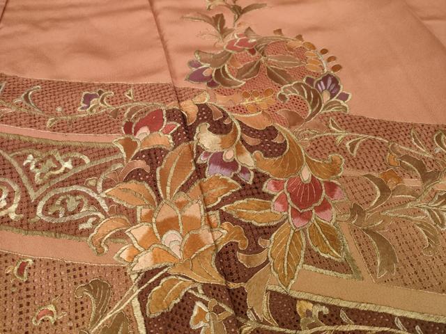 平和屋着物●訪問着　総刺繍　中国三大刺繍　スワトウ刺繍　汕頭刺繍　更紗花丸文　暈し染め　正絹　逸品　AABK7417ck