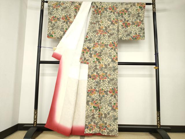 平和屋着物●上質な小紋　型染め　花唐草文　鬼しぼ縮緬　正絹　逸品　AABK7418ck