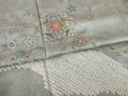 平和屋着物●訪問着　絞り　刺繍　花唐草文　正絹　逸品　AABK7424ck