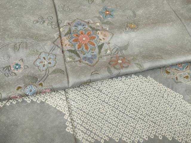 平和屋着物●訪問着　絞り　刺繍　花唐草文　正絹　逸品　AABK7424ck