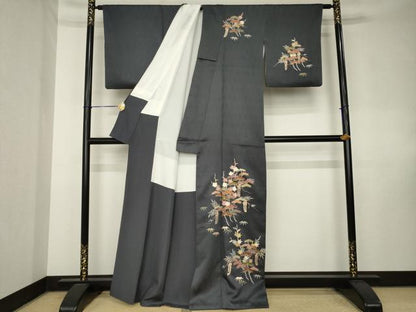 平和屋着物●訪問着　駒刺繍　松竹梅文　金彩　正絹　逸品　AABK7431ck