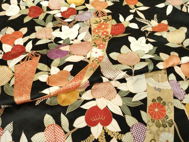 平和屋着物●十日町老舗ブランド　吉澤友禅　吾妻徳穂　振袖　駒刺繍　短冊花文　黒地　正絹　逸品　AABK7432ck