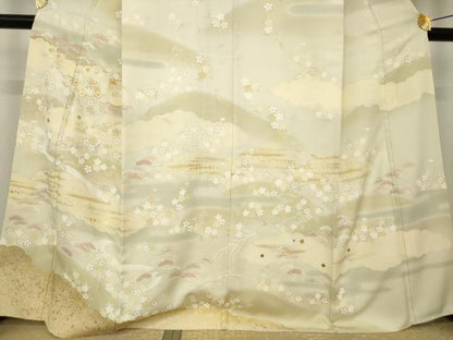 平和屋着物●訪問着　駒刺繍　流水風景花文　金彩　正絹　逸品　AABK7437ck