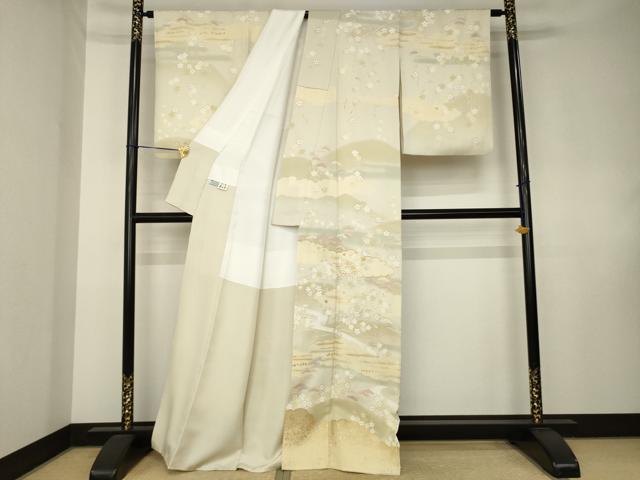 平和屋着物●訪問着　駒刺繍　流水風景花文　金彩　正絹　逸品　AABK7437ck