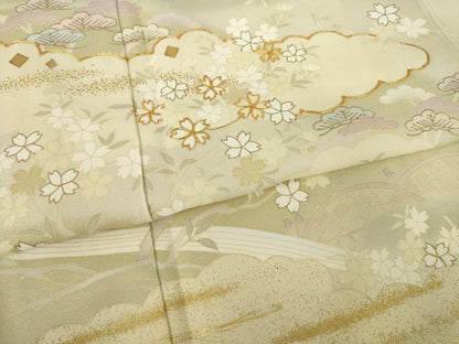 平和屋着物●訪問着　駒刺繍　流水風景花文　金彩　正絹　逸品　AABK7437ck