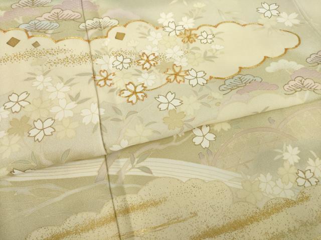 平和屋着物●訪問着　駒刺繍　流水風景花文　金彩　正絹　逸品　AABK7437ck