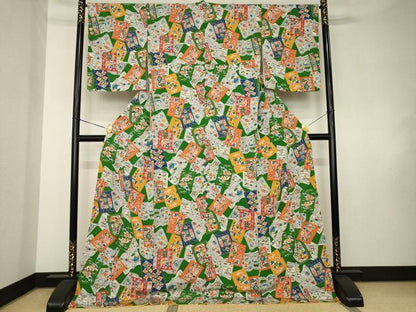 平和屋着物●上質な小紋　型染め　日本昔話　ロング丈　正絹　逸品　AABK7440ck