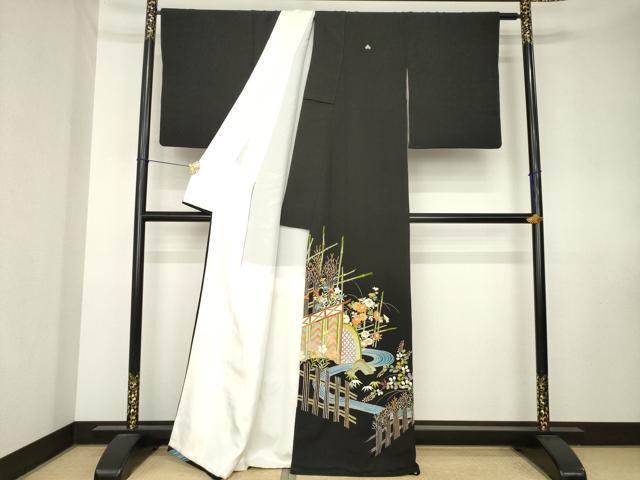 平和屋着物●野口真造　大彦二代目　江戸染繍友禅　黒留袖　刺繍　流水風景花文　金糸　正絹　逸品　AABK7442ck