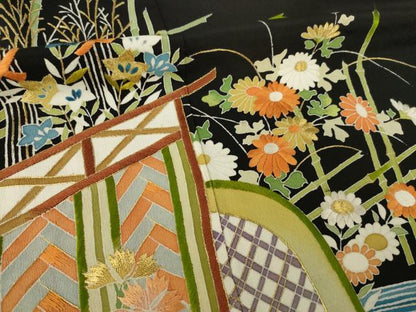 平和屋着物●野口真造　大彦二代目　江戸染繍友禅　黒留袖　刺繍　流水風景花文　金糸　正絹　逸品　AABK7442ck