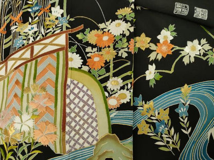 平和屋着物●野口真造　大彦二代目　江戸染繍友禅　黒留袖　刺繍　流水風景花文　金糸　正絹　逸品　AABK7442ck