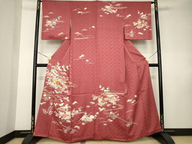 平和屋着物●創業460年・千總　訪問着　駒刺繍　流水風景花文　金彩　三越扱い　正絹　逸品　AABK7444ck