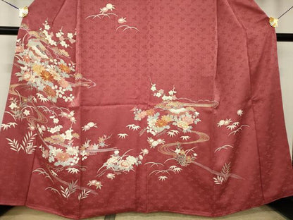 平和屋着物●創業460年・千總　訪問着　駒刺繍　流水風景花文　金彩　三越扱い　正絹　逸品　AABK7444ck