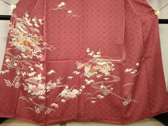 平和屋着物●創業460年・千總　訪問着　駒刺繍　流水風景花文　金彩　三越扱い　正絹　逸品　AABK7444ck