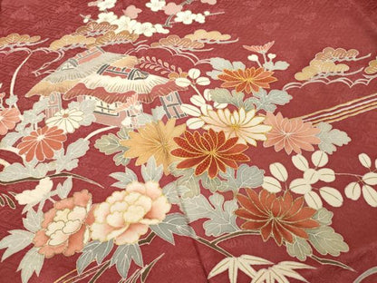 平和屋着物●創業460年・千總　訪問着　駒刺繍　流水風景花文　金彩　三越扱い　正絹　逸品　AABK7444ck