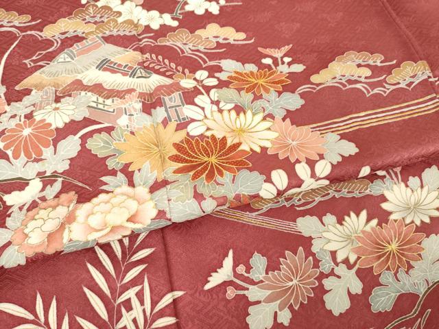 平和屋着物●創業460年・千總　訪問着　駒刺繍　流水風景花文　金彩　三越扱い　正絹　逸品　AABK7444ck