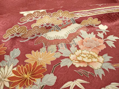 平和屋着物●創業460年・千總　訪問着　駒刺繍　流水風景花文　金彩　三越扱い　正絹　逸品　AABK7444ck