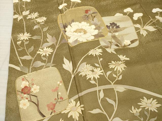平和屋着物●訪問着　駒刺繍　色紙重ね花文　金彩　ロング丈　正絹　逸品　AABK7451ck