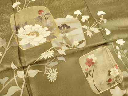 平和屋着物●訪問着　駒刺繍　色紙重ね花文　金彩　ロング丈　正絹　逸品　AABK7451ck