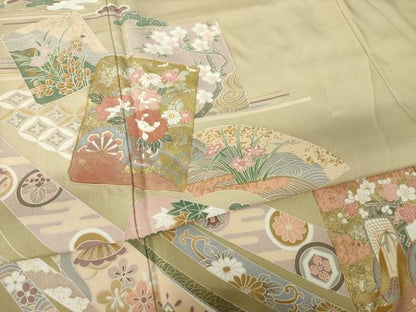 平和屋着物●豪華色留袖　駒刺繍　色紙重ね吉祥花文　金彩　正絹　逸品　AABK7452ck