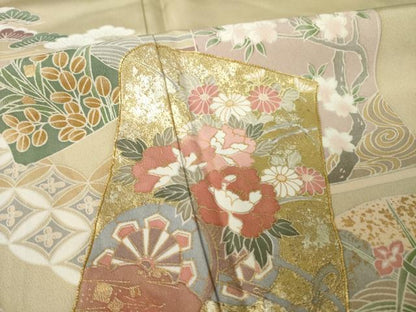 平和屋着物●豪華色留袖　駒刺繍　色紙重ね吉祥花文　金彩　正絹　逸品　AABK7452ck