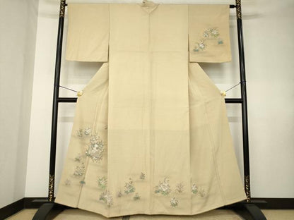 平和屋着物●訪問着　紬地　手描き　草花文　金彩　正絹　逸品　AABK7467ck