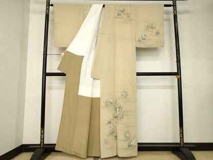 平和屋着物●訪問着　紬地　手描き　草花文　金彩　正絹　逸品　AABK7467ck