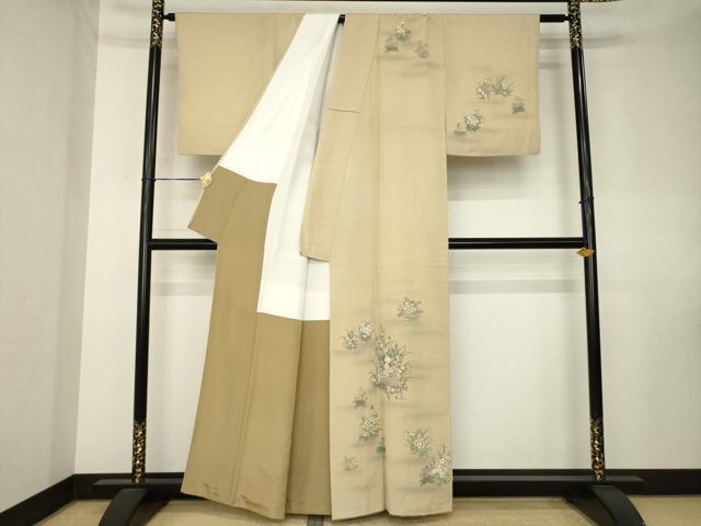 平和屋着物●訪問着　紬地　手描き　草花文　金彩　正絹　逸品　AABK7467ck