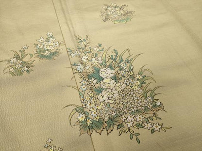 平和屋着物●訪問着　紬地　手描き　草花文　金彩　正絹　逸品　AABK7467ck