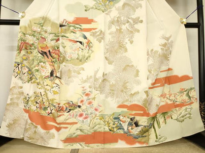 平和屋着物●訪問着　刺繍　雉　花鳥文　金糸　金彩　正絹　逸品　AABK7470ck