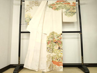 平和屋着物●訪問着　刺繍　雉　花鳥文　金糸　金彩　正絹　逸品　AABK7470ck