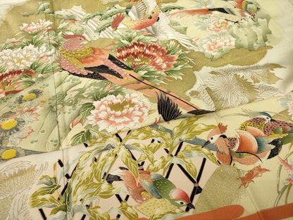 平和屋着物●訪問着　刺繍　雉　花鳥文　金糸　金彩　正絹　逸品　AABK7470ck