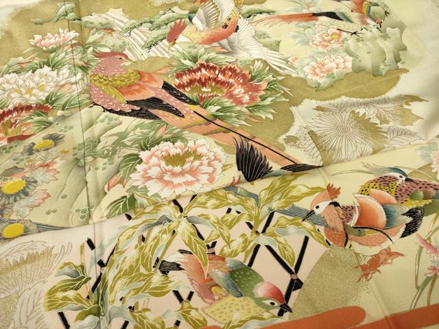平和屋着物●訪問着　刺繍　雉　花鳥文　金糸　金彩　正絹　逸品　AABK7470ck