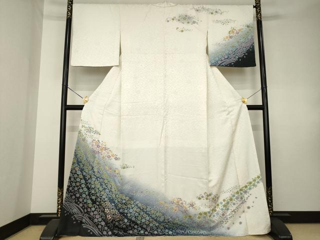 平和屋着物●訪問着　絞り　舞花文　暈し染め　銀通し地　正絹　逸品　AABK7475ck