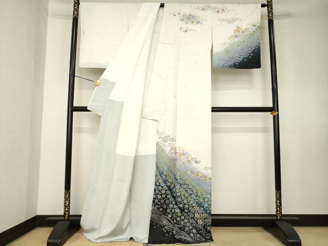 平和屋着物●訪問着　絞り　舞花文　暈し染め　銀通し地　正絹　逸品　AABK7475ck